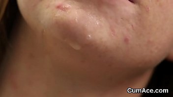 Frisky hottie gets cumshot on her face sucking all the cream