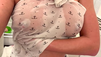 Oiled big tits under t shirt and get orgasm putting all vibrator in pussy