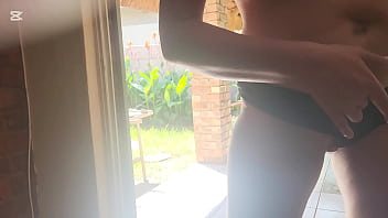 My stepsis fucking dildo on glass door so i can see the penetration realy well while jerking off