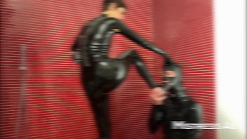 Latex catsuits shower fun splashing shining and milky play