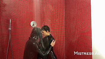 Latex catsuits shower fun splashing shining and milky play