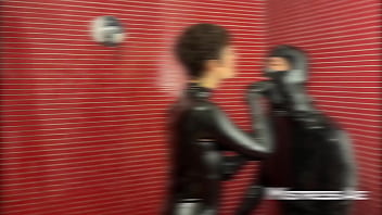 Latex catsuits shower fun splashing shining and milky play