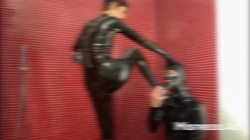 Latex catsuits shower fun splashing shining and milky play