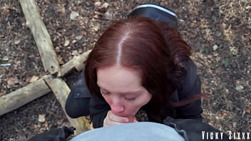 Stuffed blue eyed slut's mouth with my thick cock in the bushes