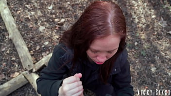 Stuffed blue eyed slut's mouth with my thick cock in the bushes