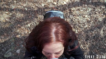 Stuffed blue eyed slut's mouth with my thick cock in the bushes