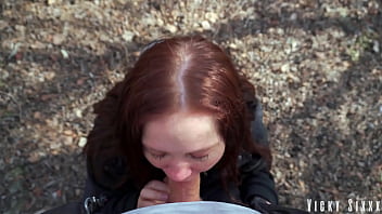 Stuffed blue eyed slut's mouth with my thick cock in the bushes