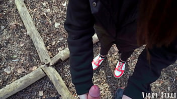 Stuffed blue eyed slut's mouth with my thick cock in the bushes