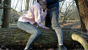 Redhead public deepthroats dick and rough fucks in the wood