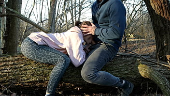 Redhead public deepthroats dick and rough fucks in the wood