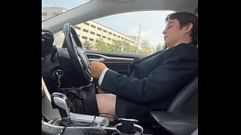Stroking my big dick in the car
