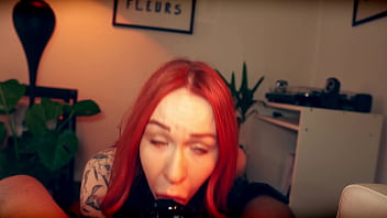 Hot redhead milf in latex gloves deepthroats and slaps balls till cumshot
