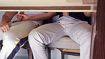 Forbidden hot student teasing and touching under the table