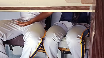 Forbidden hot student teasing and touching under the table