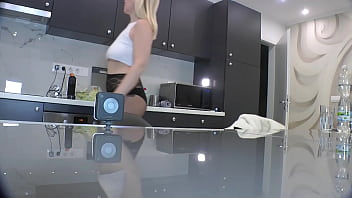 Amazingly beautiful all natural big boobs new hot blonde wife in transparent pantyhose flashes her ass and pussy