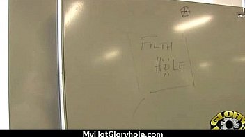 Ebony slut fucks a white gloryhole cock in her first interracial scene 20