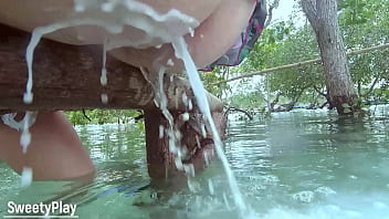 Strong anal milk enema pushing out outdoors