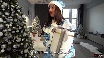 Stepson and stepfather invite snow maiden for hardcore threesome sex on christmas eve