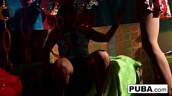 Hot brunette fucks her friend with huge tits