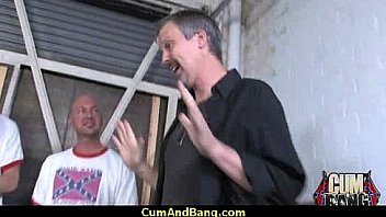 Black slut used for blowjobs by a group of white men 19