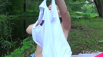 Fucking wet pussy and creampie on picnic in the woods