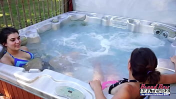 Brunette besties jamie litton & vicky play with his dick & their tits