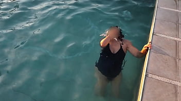 At the pool beautiful stepmom takes out her tits in public needs cock
