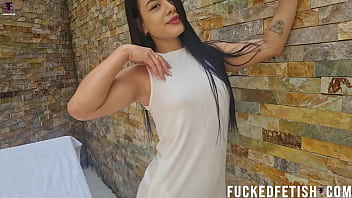 Hot curvy darkhair white dress new scene w46