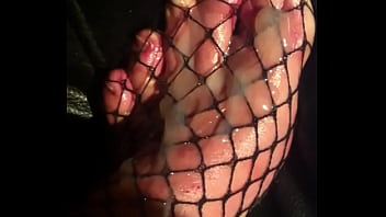 Cum on feet fishnet cock