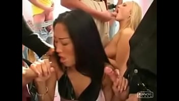 Blonde and asian lesbian eating cum