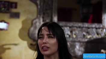 Watch naughty black haired hottie giving wet blowjob and getting banged deep and rough