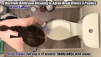 Barefoot bathroom cleaning in apron braid gloves n panties