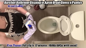 Barefoot bathroom cleaning in apron braid gloves n panties