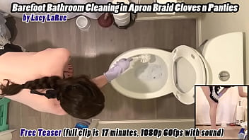 Barefoot bathroom cleaning in apron braid gloves n panties