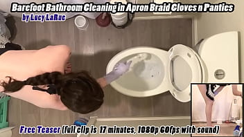 Barefoot bathroom cleaning in apron braid gloves n panties