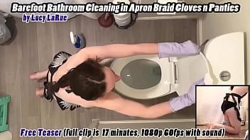 Barefoot bathroom cleaning in apron braid gloves n panties