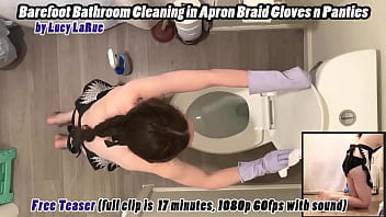 Barefoot bathroom cleaning in apron braid gloves n panties