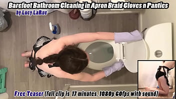 Barefoot bathroom cleaning in apron braid gloves n panties