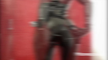 Solo latex catsuit in red tiled shower