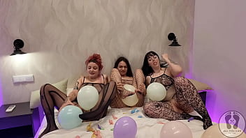 Pussies party inflating exploding balloons blowing them up