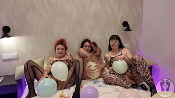 Pussies party inflating exploding balloons blowing them up