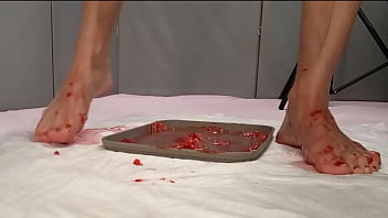 Peeing in strawberries and trampling them with my beautiful feet
