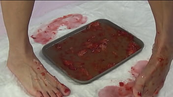 Peeing in strawberries and trampling them with my beautiful feet