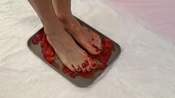 Peeing in strawberries and trampling them with my beautiful feet