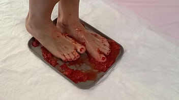 Peeing in strawberries and trampling them with my beautiful feet