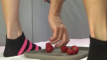 Peeing in strawberries and trampling them with my beautiful feet