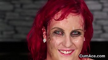 Horny honey gets cum load on her face gulping all the cream