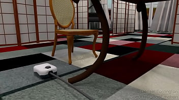 A virtual woman inflates belly with air compressor