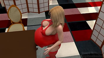 A virtual woman inflates belly with air compressor