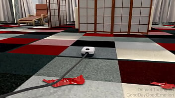 A virtual woman inflates belly with air compressor